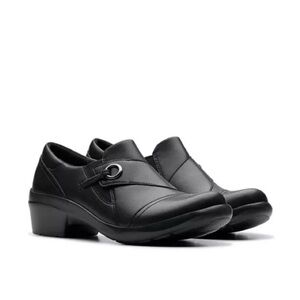 Clarks Angie Meadow Black Leather Loafer Heels